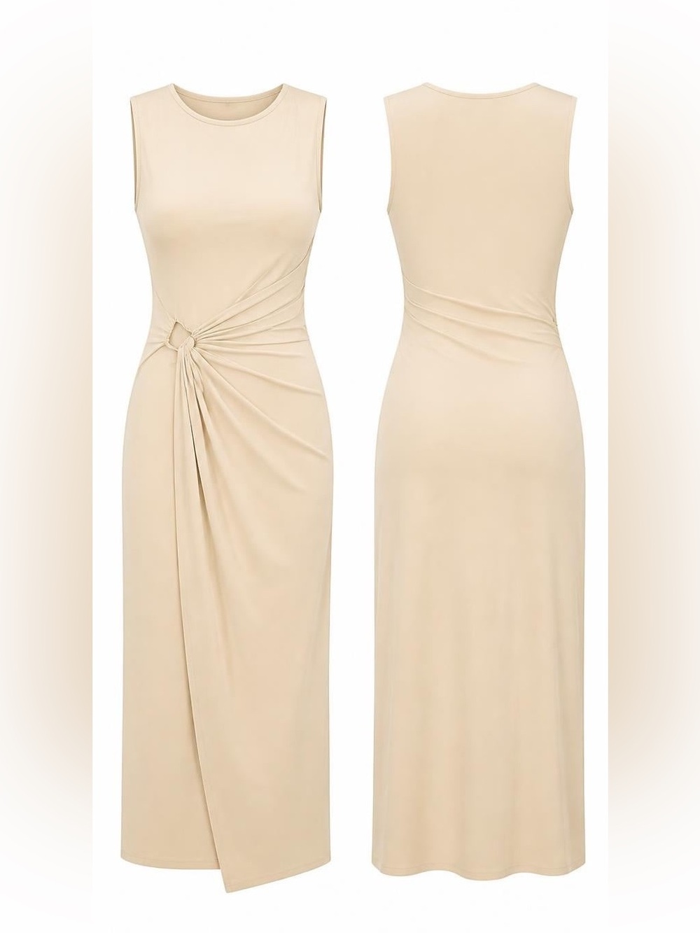 BCBGMAXAZRIA Sleeveless Beige Knot-Detail Maxi Dress